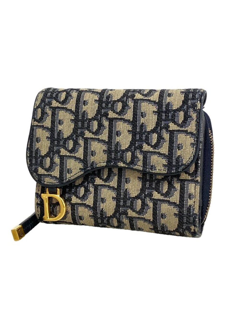 Dior Trifold Wallet Oblique Saddle Canvas Navy Gold